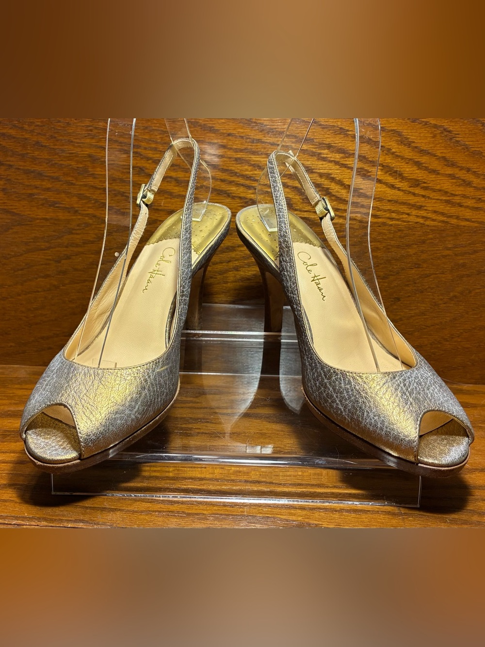 Y2K VTG Cole Haan Nike Air Gold Silver Crackled Leather Peep Toe Slingback Heels - Picture 5 of 14
